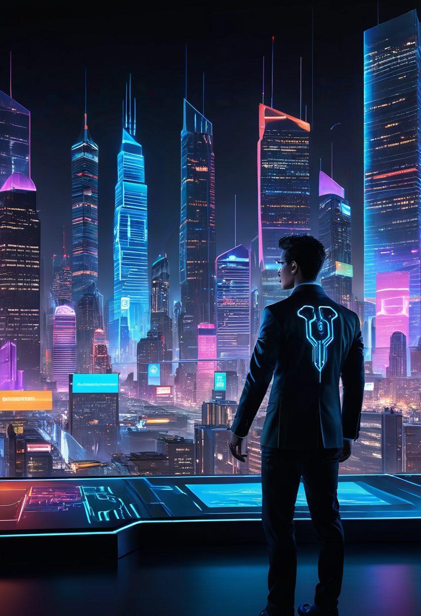 A futuristic digital auction scene featuring diverse bidders engaged with holographic interfaces displaying dynamic graphs and bidding strategies. Incorporate elements of AI technology, such as glowing circuits and virtual assistants, alongside a backdrop of a bustling city skyline at dusk. Emphasize a feeling of competition and excitement. vibrant colors. 3D. cyberpunk.