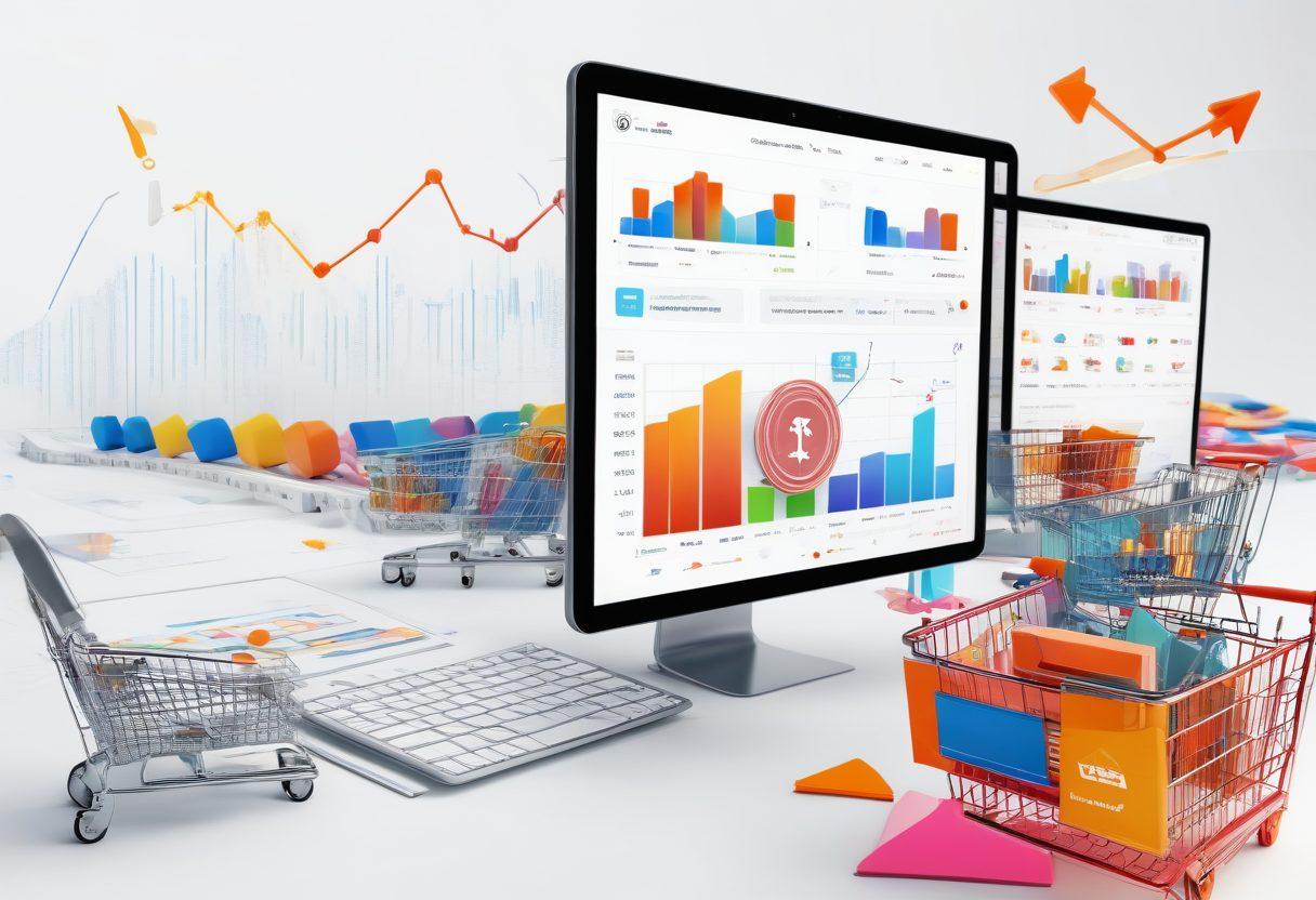 A vibrant collage of various e-commerce elements like shopping carts, bid buttons, and profit graphs, interspersed with focused individuals analyzing data on screens, all surrounded by dynamic arrows indicating growth and strategy. The colors should pop with a modern, sleek aesthetic that conveys success and innovation. super-realistic. vibrant colors. white background.